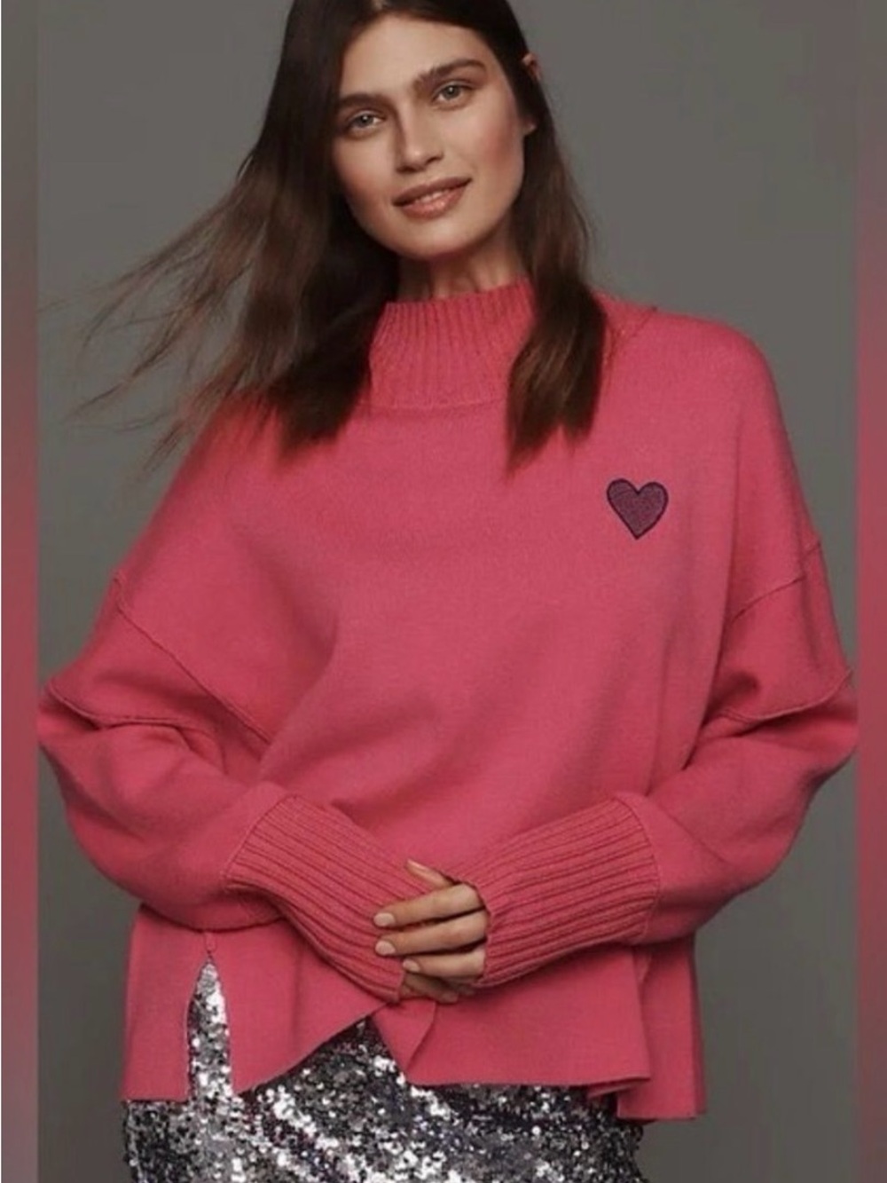 Maeve Pink Cowl-Neck Heart Sweater